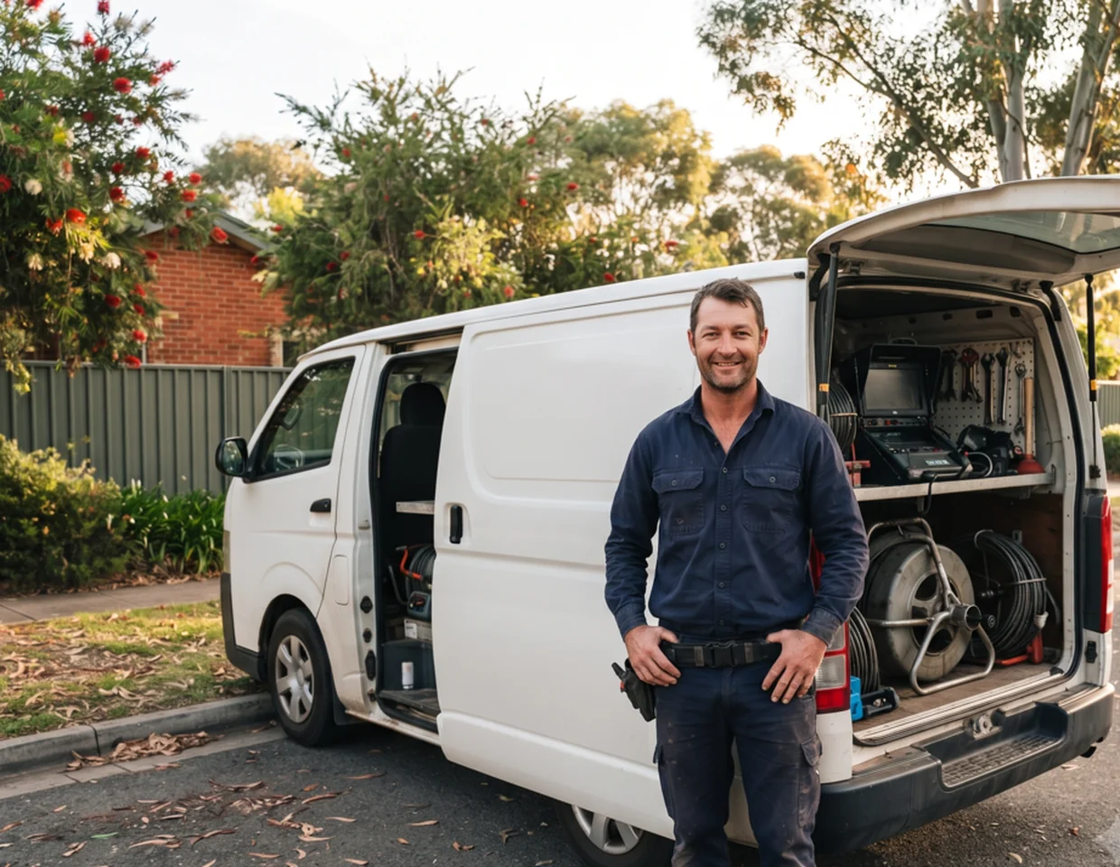 PrimeDrainCo technician with the fully equipped service van, Adelaide's dedicated drain cleaning specialists