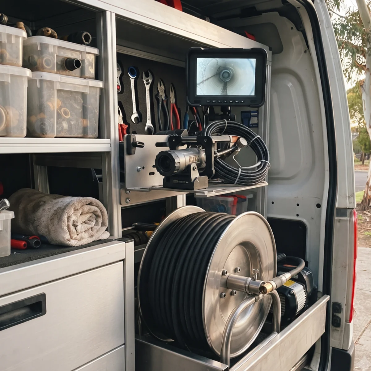 Inside PrimeDrainCo's fully stocked service van showing CCTV inspection and hydro jetting equipment