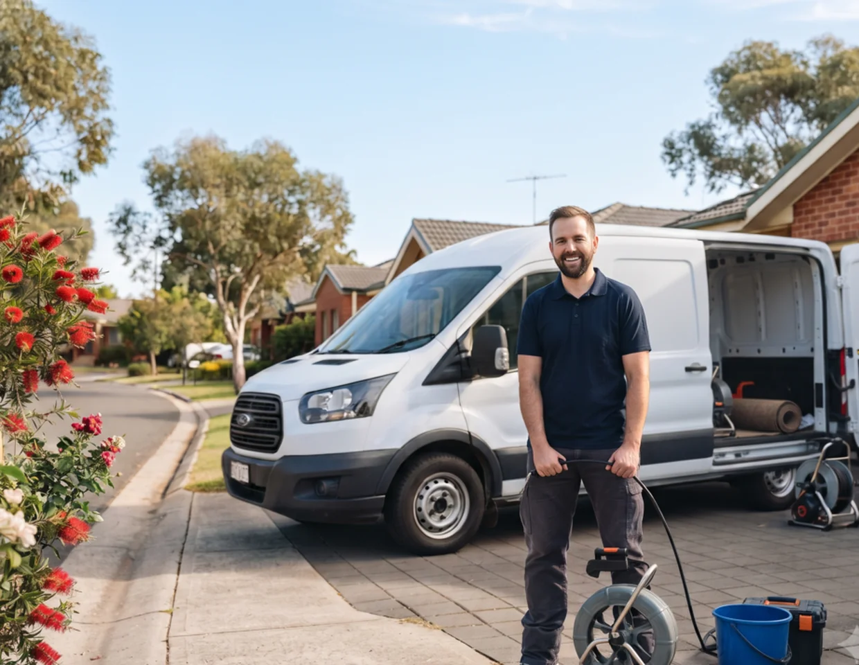 PrimeDrainCo technician ready with equipment at an Adelaide home, get in touch for a free quote