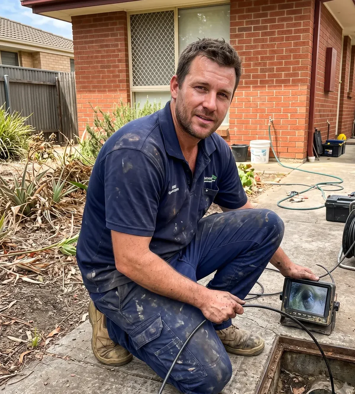 PrimeDrainCo drain technician performing a CCTV inspection at an Adelaide property