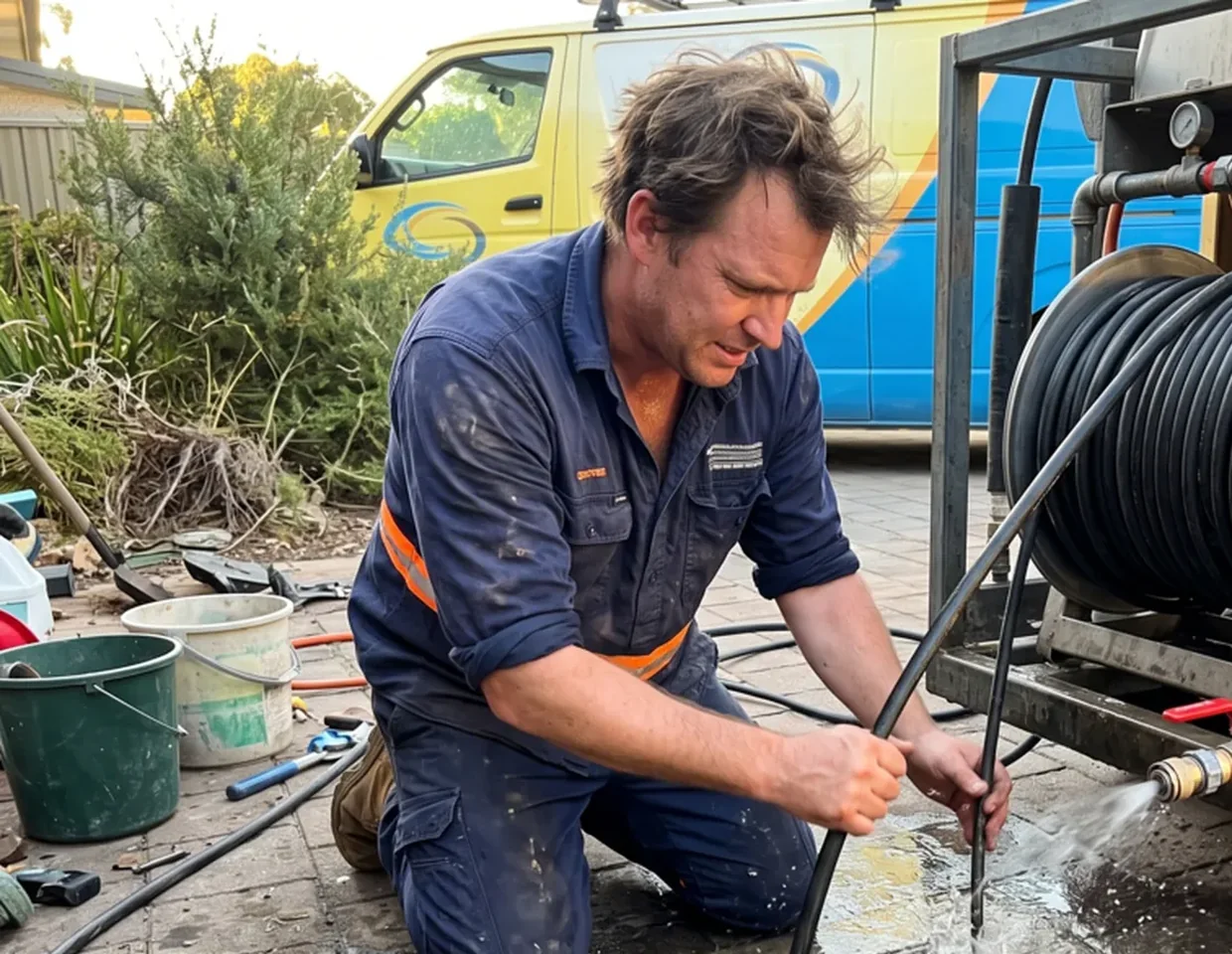 PrimeDrainCo technician using hydro jet equipment to clear a drain at an Adelaide property