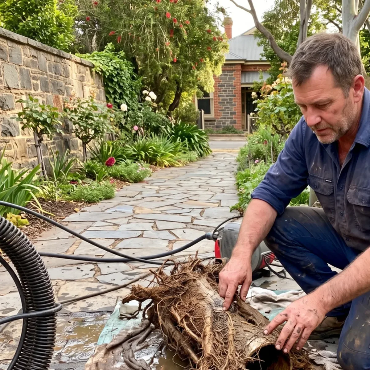 Tree roots removed from a drain pipe in a Norwood garden