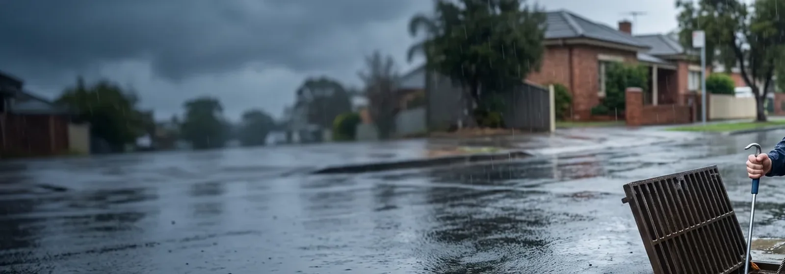 PrimeDrainCo technician clearing a stormwater drain during heavy rain on an Adelaide street