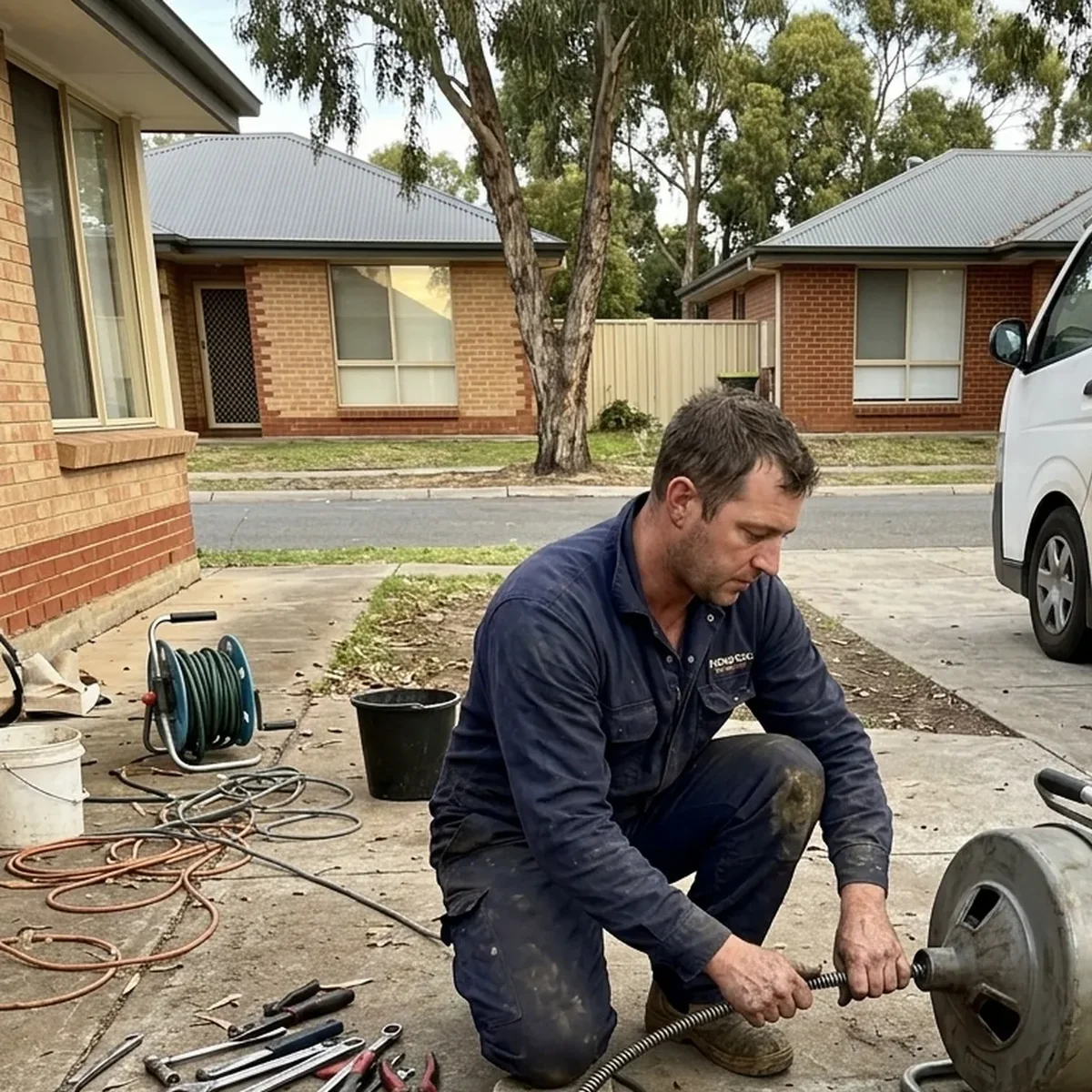 Technician clearing a drain access point in the Unley and Mitcham area